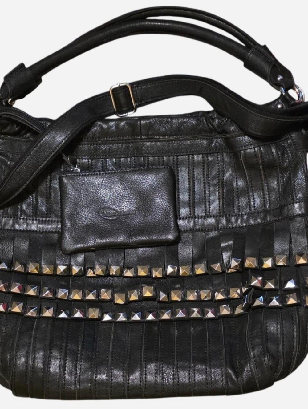 Luxe Lambskin Leather Silver Studded Fringe Shoulder Bag w/Matching Coin Pouch - Picture 3 of 15